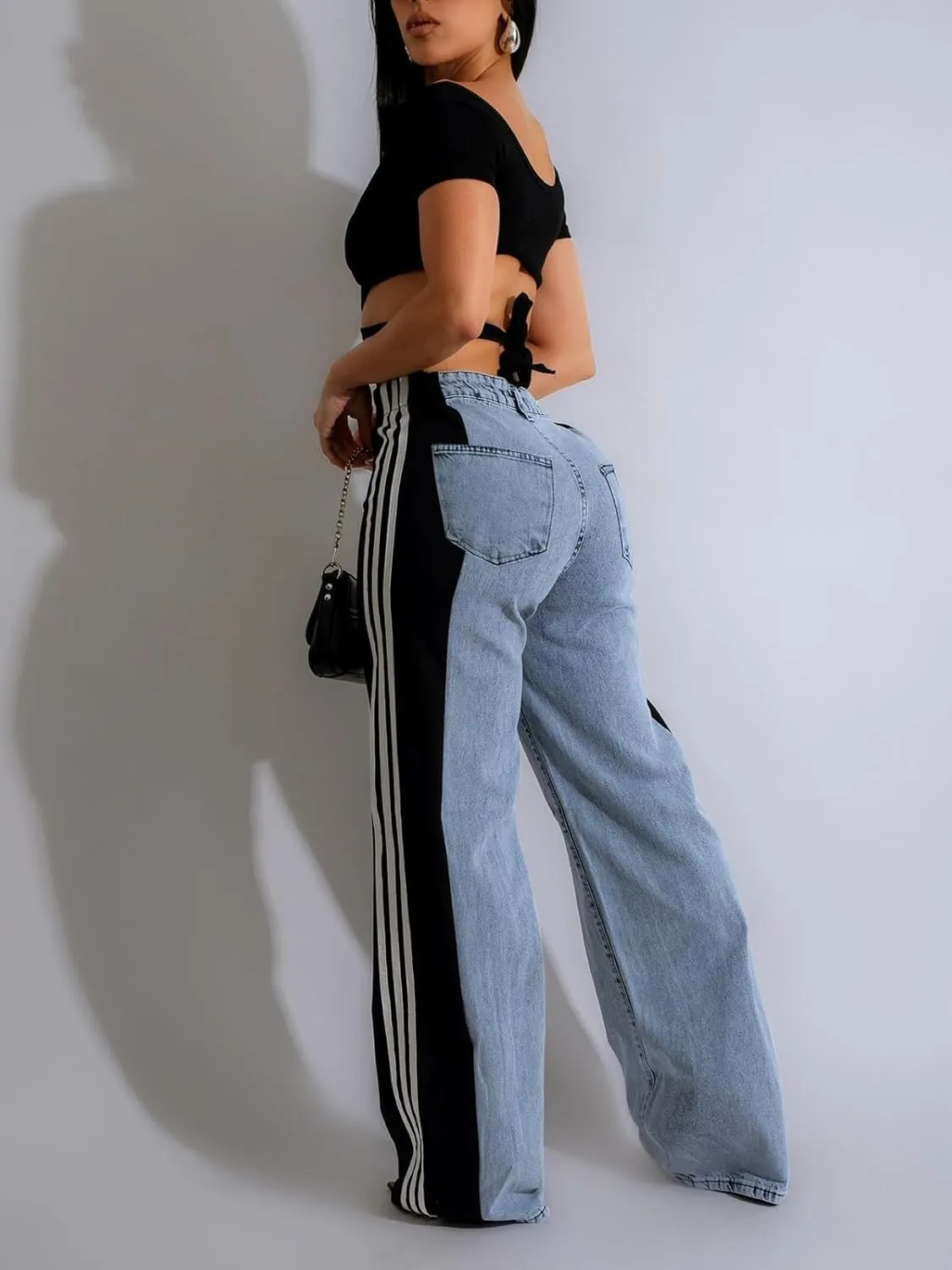KANSOON Womens Jeans with Stretchy High Waisted Wide Leg Colorblock Patchwork Striped Trendy Streetwear Pants