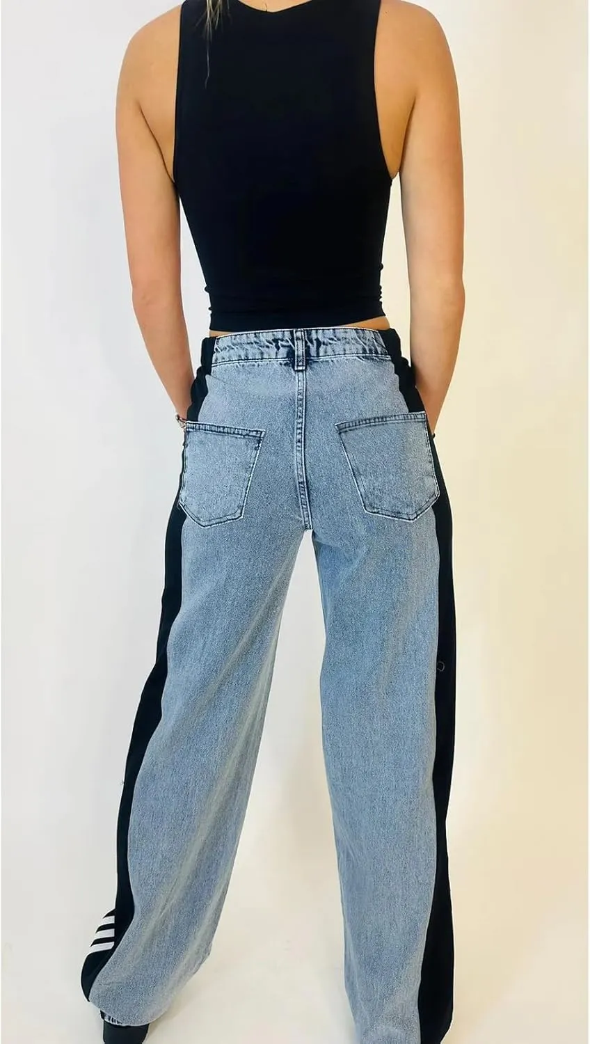 KANSOON Womens Jeans with Stretchy High Waisted Wide Leg Colorblock Patchwork Striped Trendy Streetwear Pants