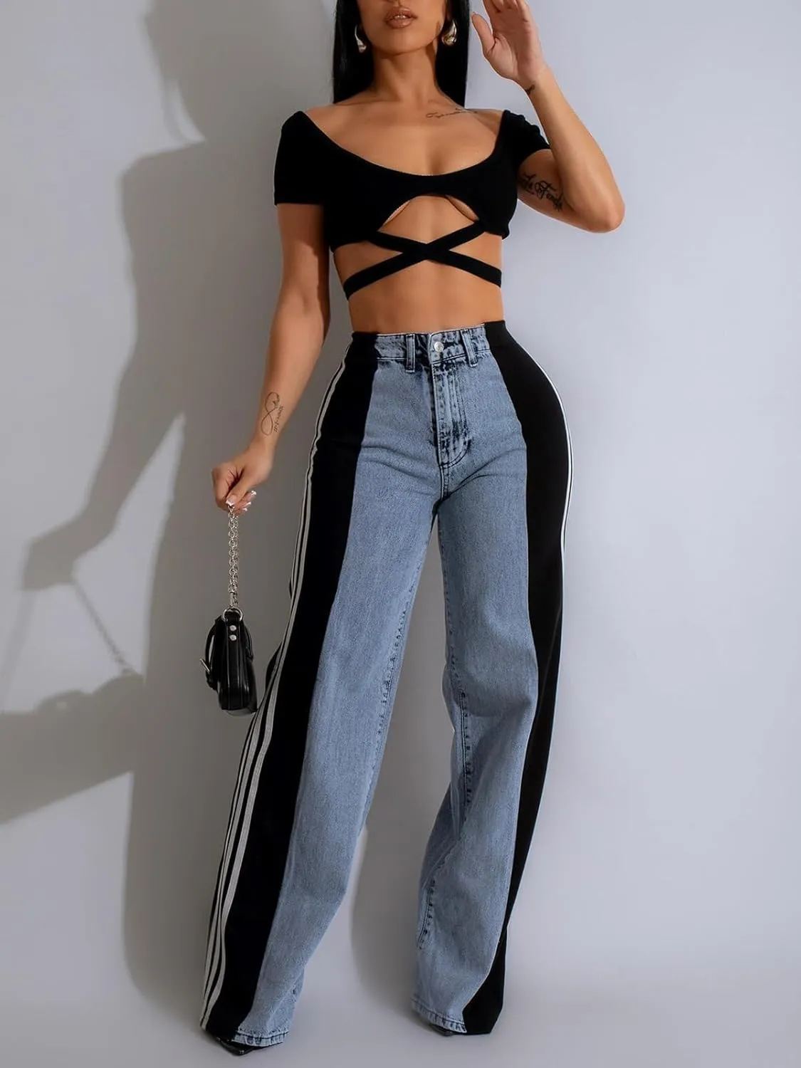 KANSOON Womens Jeans with Stretchy High Waisted Wide Leg Colorblock Patchwork Striped Trendy Streetwear Pants