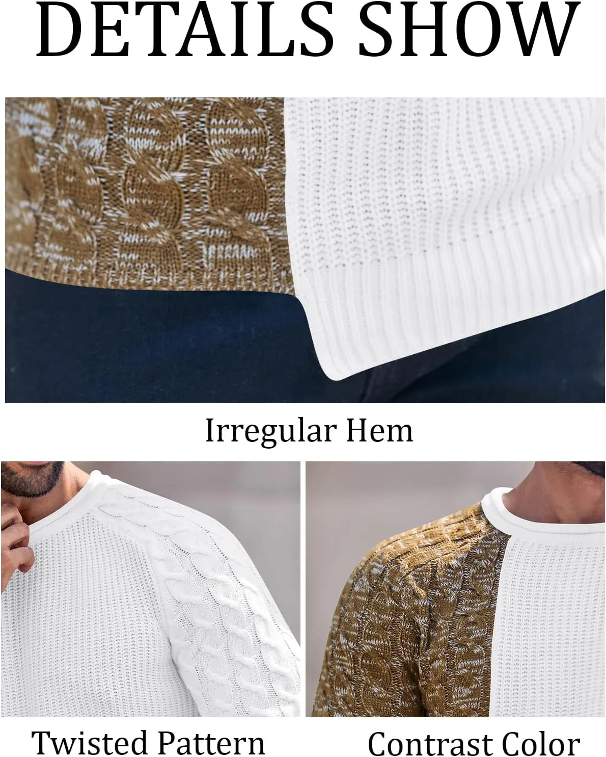 Karlywindow Men's Crew Neck Pullover Sweaters Slim Fit Long Sleeve Ribbed Knitted Twisted Warm Cozy Jumpers Sweater