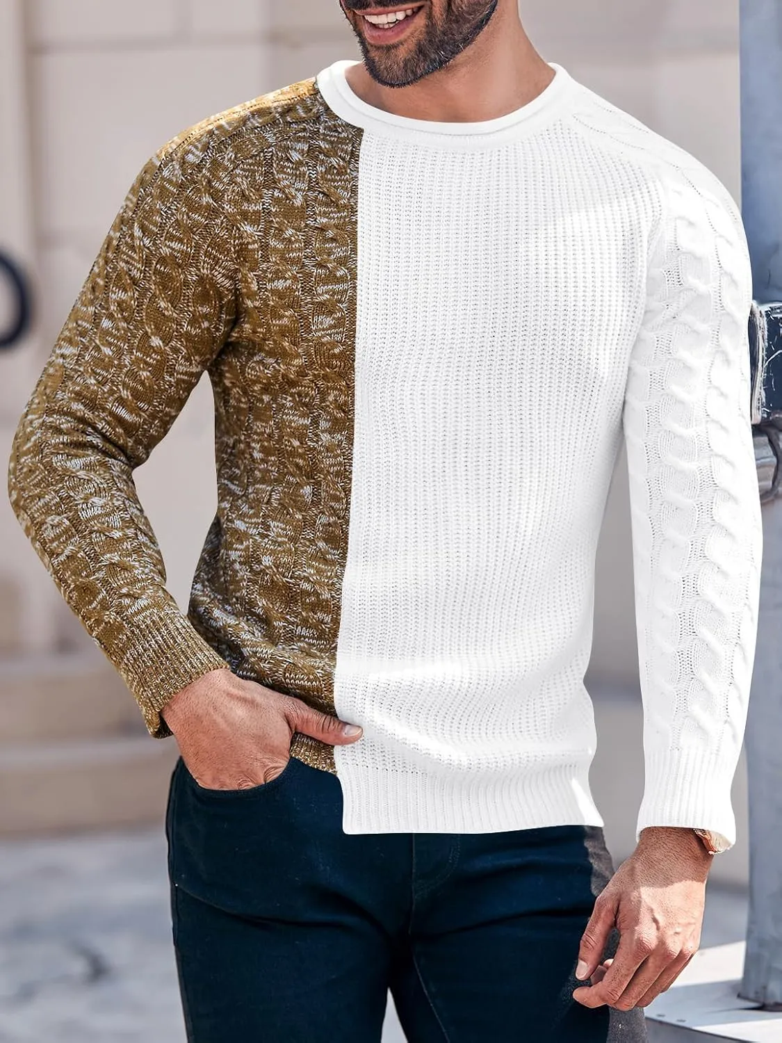 Karlywindow Men's Crew Neck Pullover Sweaters Slim Fit Long Sleeve Ribbed Knitted Twisted Warm Cozy Jumpers Sweater