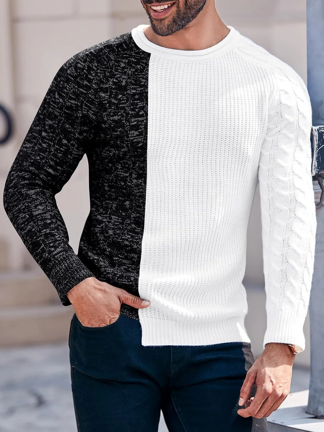 Karlywindow Men's Crew Neck Pullover Sweaters Slim Fit Long Sleeve Ribbed Knitted Twisted Warm Cozy Jumpers Sweater