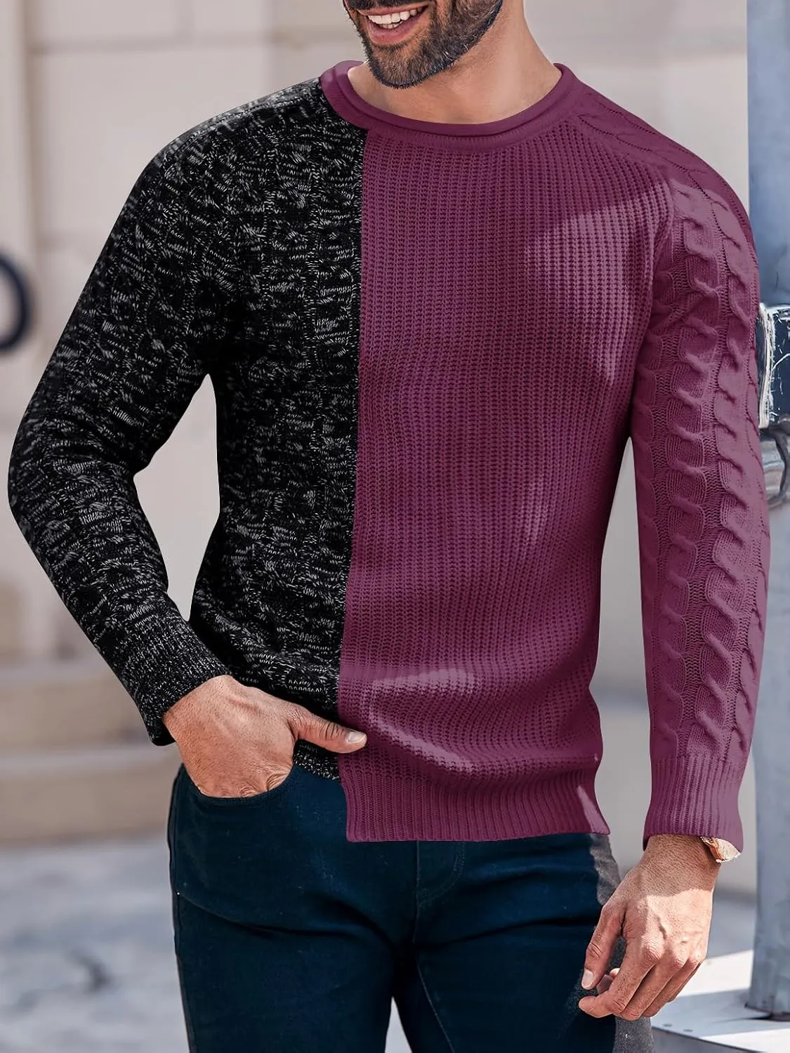 Karlywindow Men's Crew Neck Pullover Sweaters Slim Fit Long Sleeve Ribbed Knitted Twisted Warm Cozy Jumpers Sweater