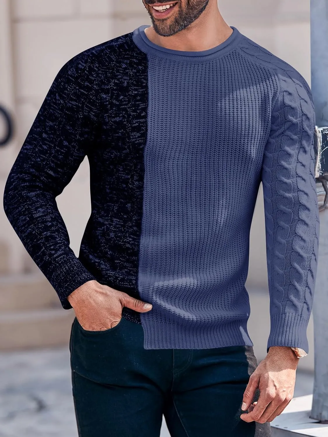 Karlywindow Men's Crew Neck Pullover Sweaters Slim Fit Long Sleeve Ribbed Knitted Twisted Warm Cozy Jumpers Sweater