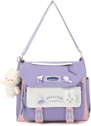 Kawaii Aesthetic Messenger Bag with Stuffed Pendant and Pins Crossbody Nylon Bag for Women Travel Work (Purple)
