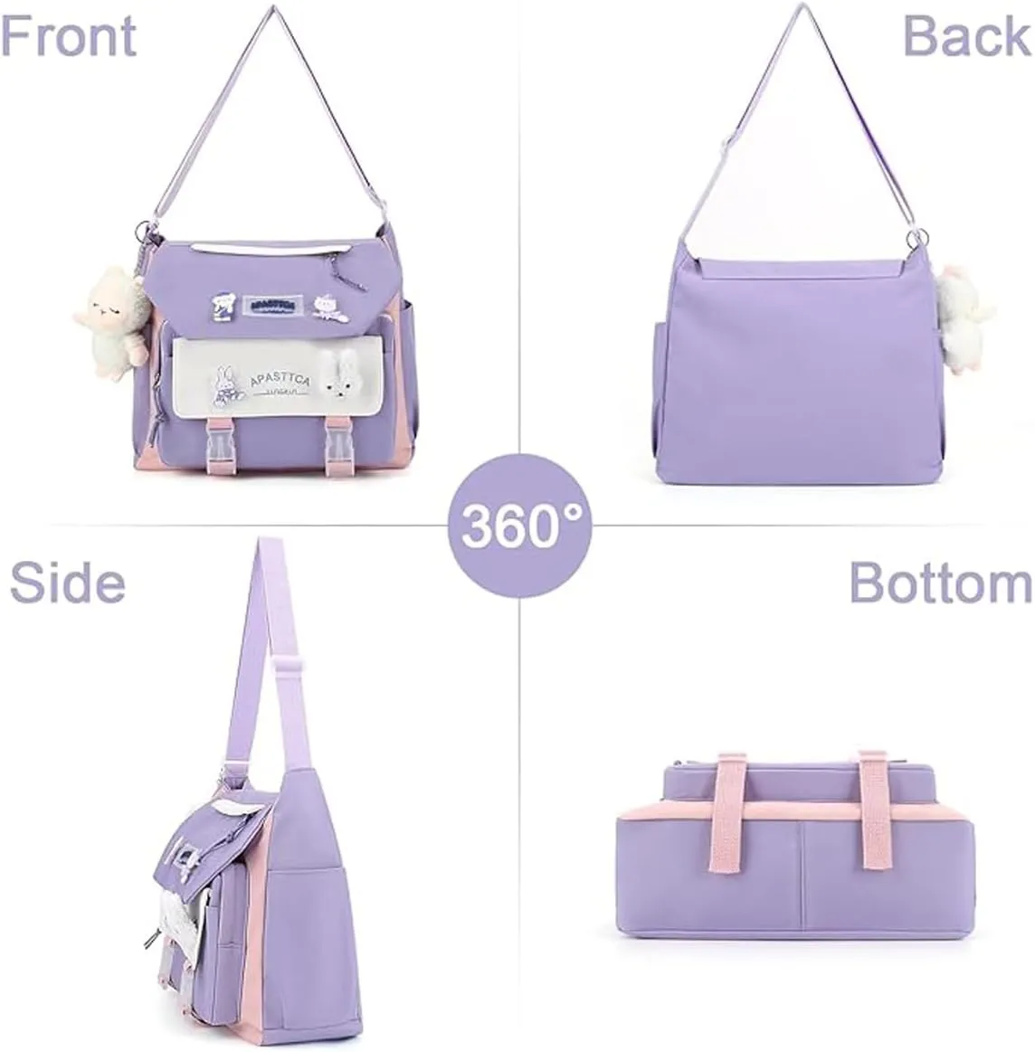 Kawaii Aesthetic Messenger Bag with Stuffed Pendant and Pins Crossbody Nylon Bag for Women Travel Work (Purple)