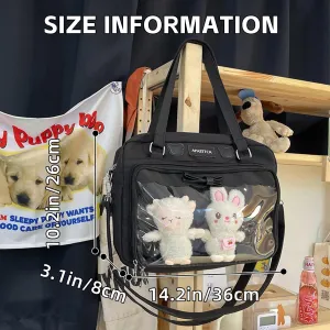 Kawaii Crossbody Bags Japanese Ita Bag Aesthetic Messenger Style Clear Compartment & 2 Cute Plush Dolls for Women (Black)