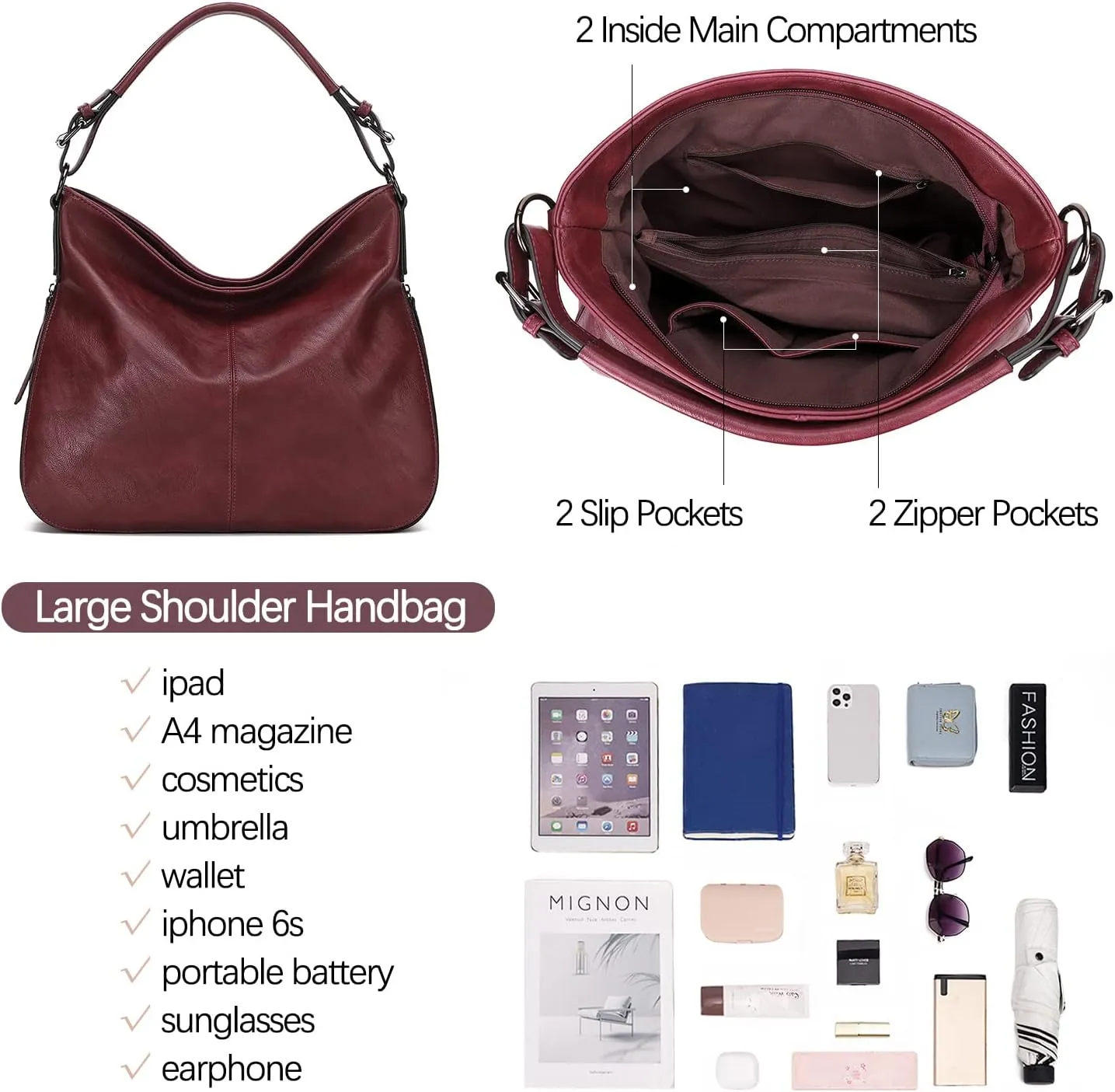 KL928 Large Purses for Women PU Leather Shoulder Handbag Crossbody Hobo Bags Ladies Tote Bags with Adjustable Shoulder Strap