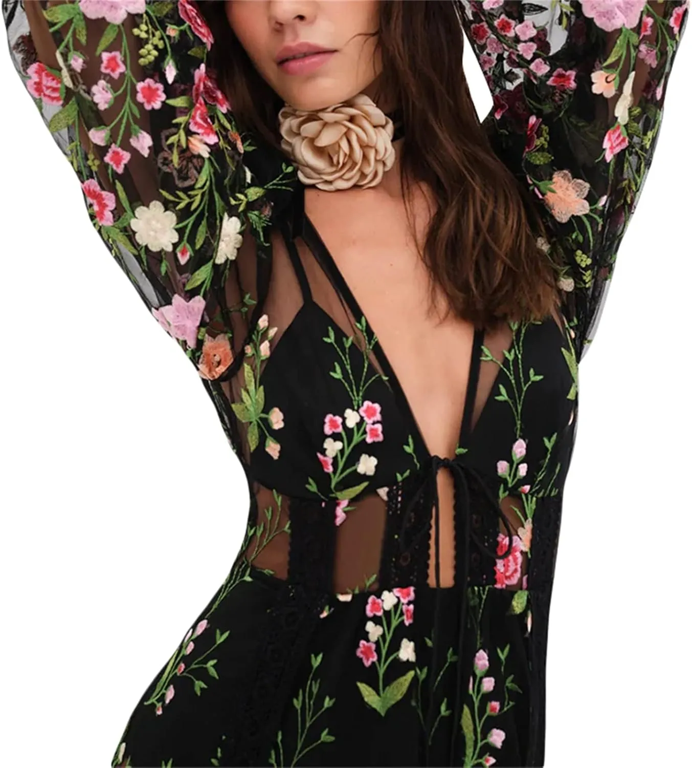 KMBANGI Women Lace Dress Sexy See Through Long Sleeve Mesh Floral Embroidery Long Dress Flowy Cover Up Maxi Dresses