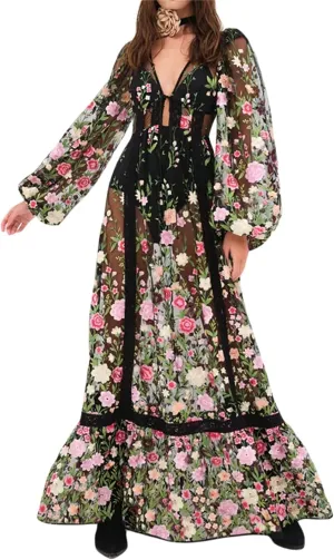 KMBANGI Women Lace Dress Sexy See Through Long Sleeve Mesh Floral Embroidery Long Dress Flowy Cover Up Maxi Dresses