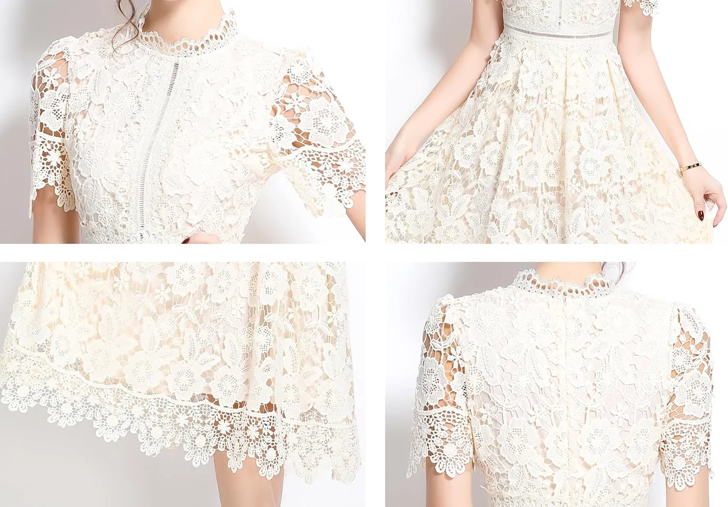 LAI MENG FIVE CATS Women's Short Sleeve Elegant Floral Lace Cocktail Party Swing Midi Dance Dress
