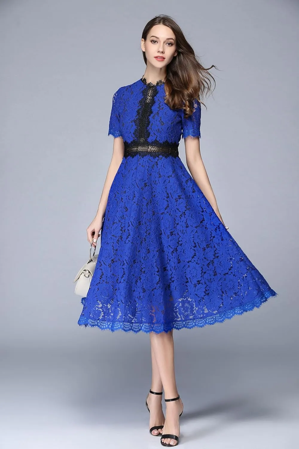 LAI MENG FIVE CATS Women's Short Sleeve Elegant Floral Lace Cocktail Party Swing Midi Dance Dress