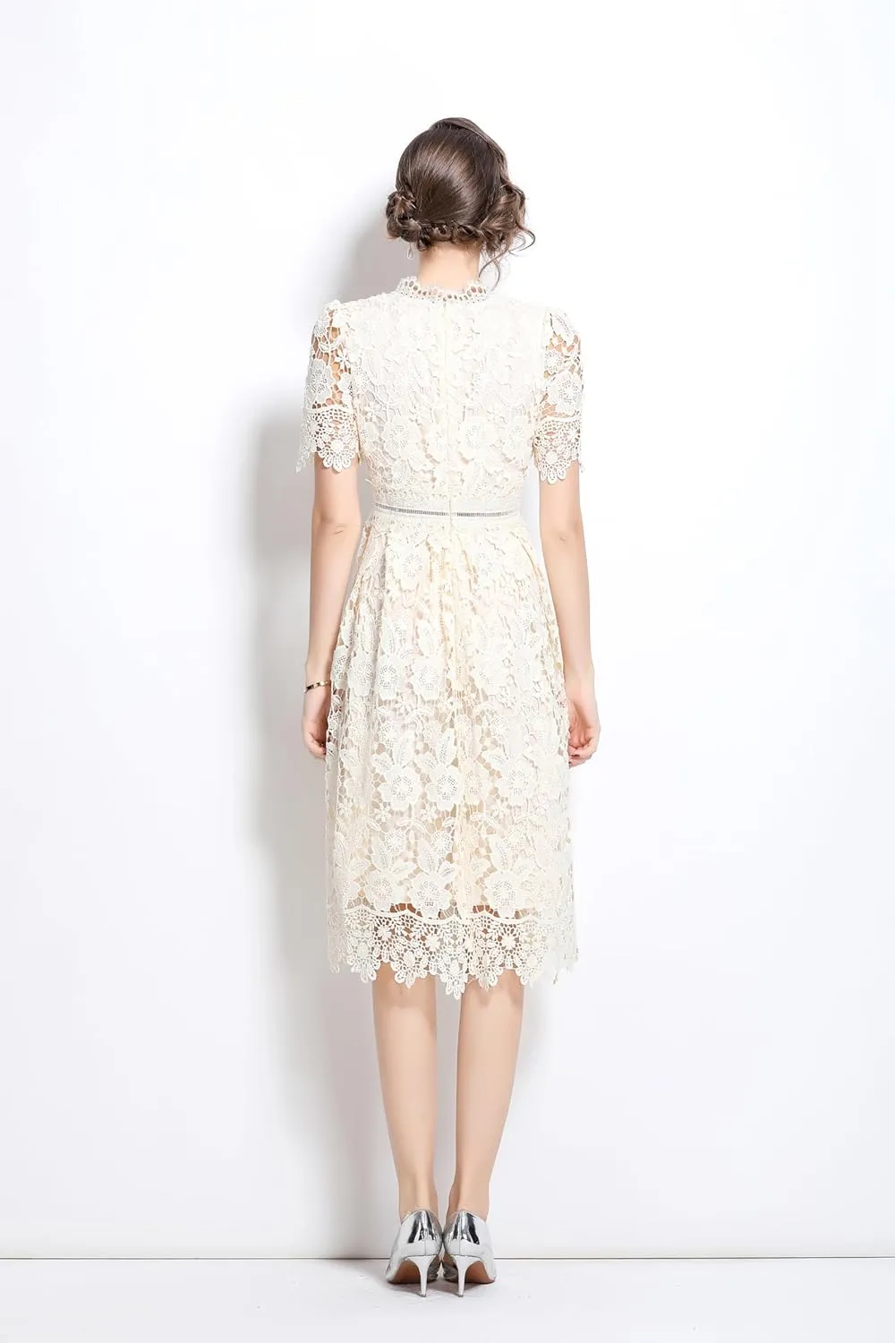LAI MENG FIVE CATS Women's Short Sleeve Elegant Floral Lace Cocktail Party Swing Midi Dance Dress