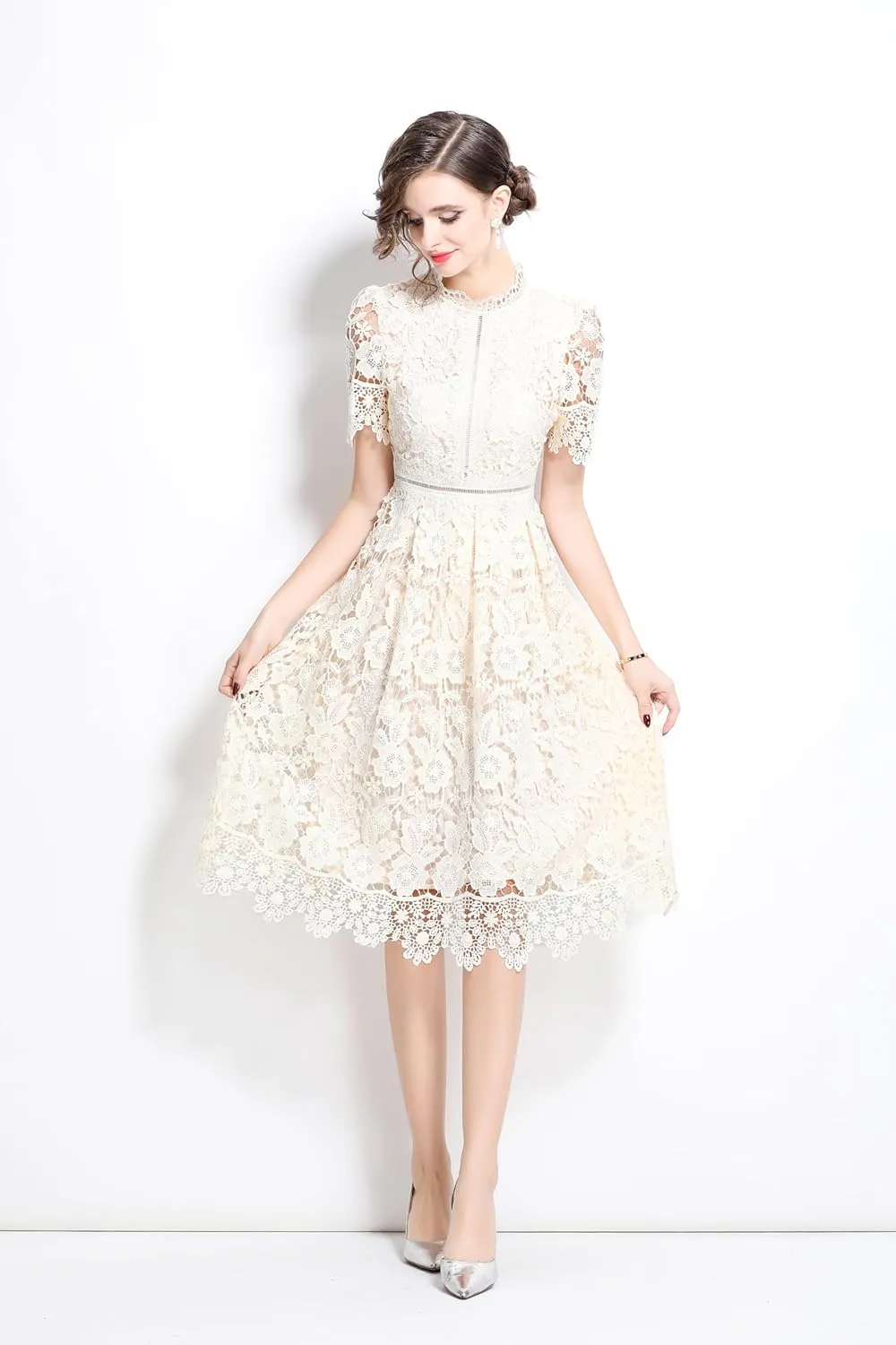 LAI MENG FIVE CATS Women's Short Sleeve Elegant Floral Lace Cocktail Party Swing Midi Dance Dress