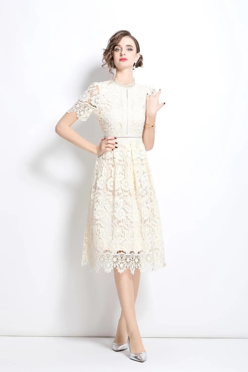 LAI MENG FIVE CATS Women's Short Sleeve Elegant Floral Lace Cocktail Party Swing Midi Dance Dress