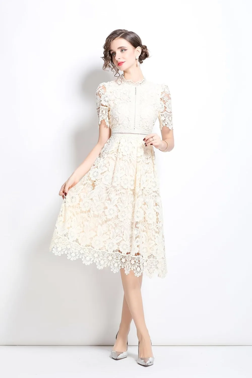 LAI MENG FIVE CATS Women's Short Sleeve Elegant Floral Lace Cocktail Party Swing Midi Dance Dress