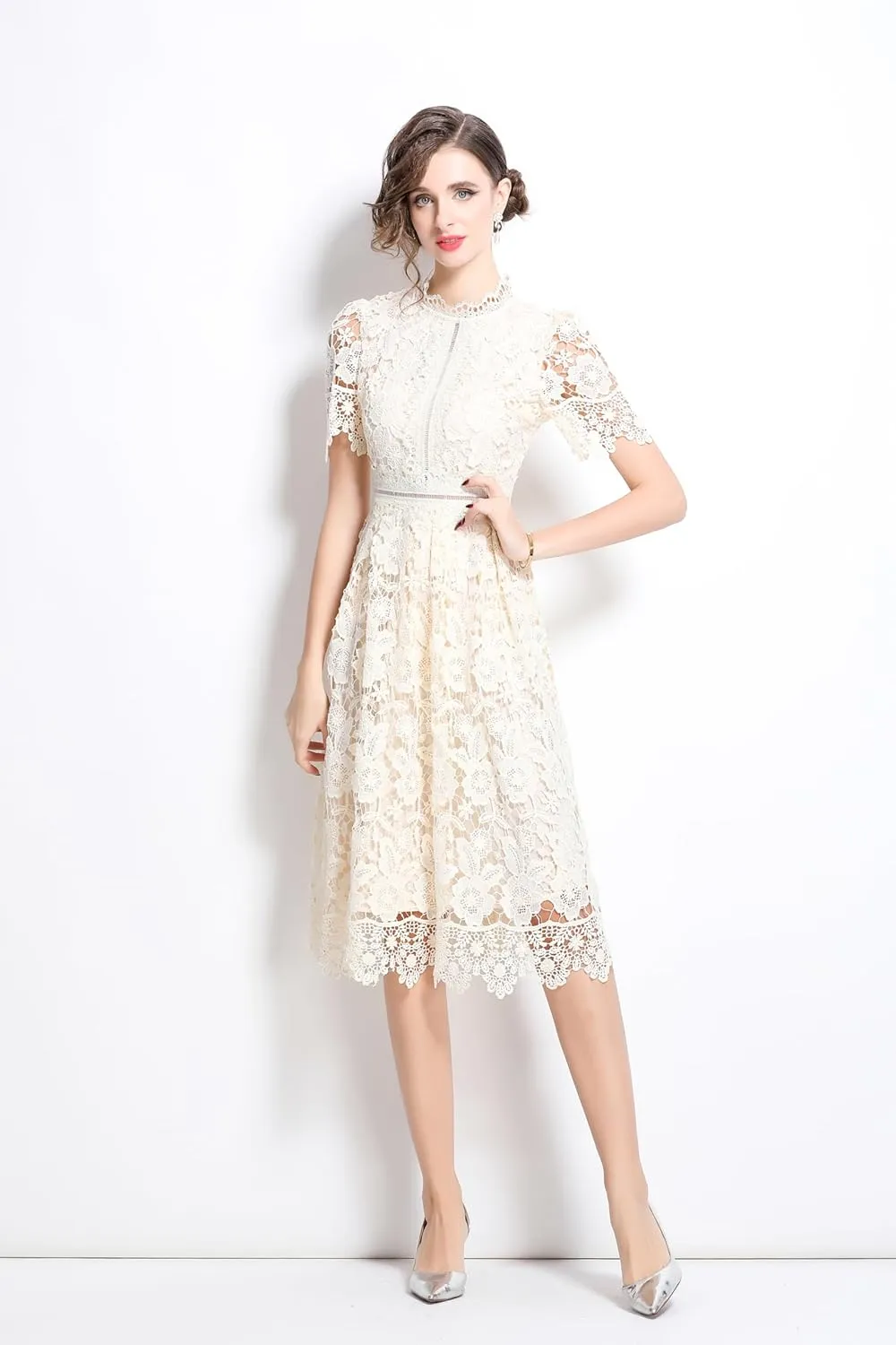 LAI MENG FIVE CATS Women's Short Sleeve Elegant Floral Lace Cocktail Party Swing Midi Dance Dress