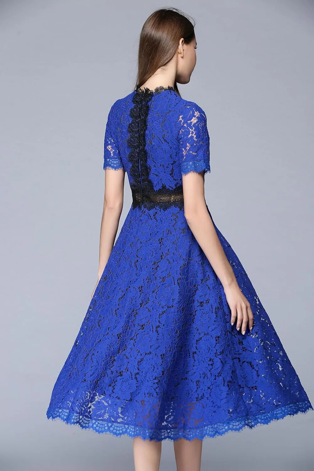 LAI MENG FIVE CATS Women's Short Sleeve Elegant Floral Lace Cocktail Party Swing Midi Dance Dress