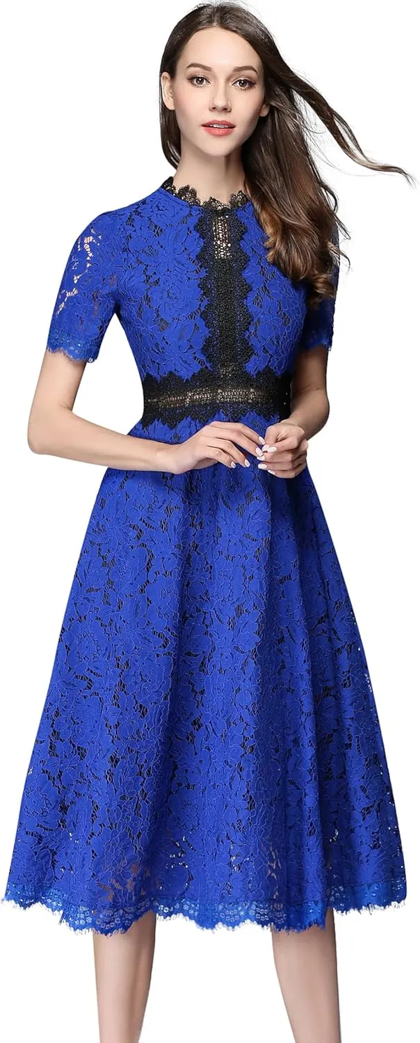 LAI MENG FIVE CATS Women's Short Sleeve Elegant Floral Lace Cocktail Party Swing Midi Dance Dress