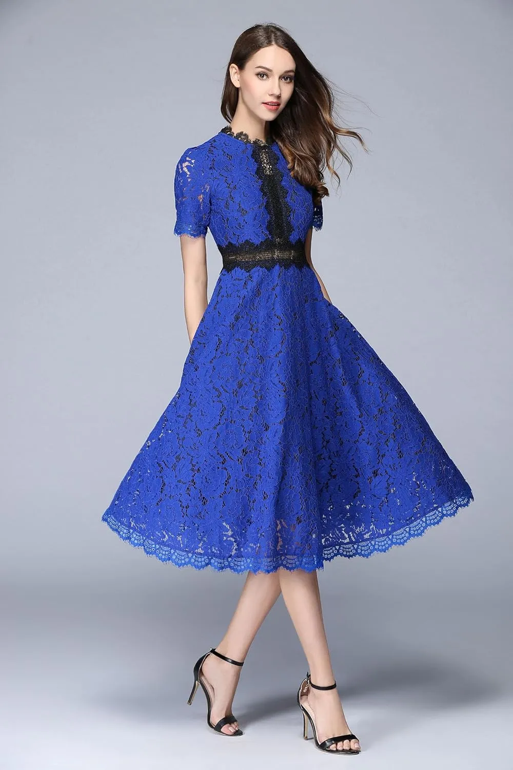 LAI MENG FIVE CATS Women's Short Sleeve Elegant Floral Lace Cocktail Party Swing Midi Dance Dress