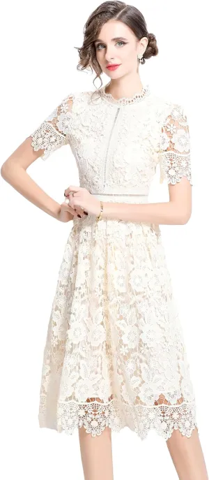 LAI MENG FIVE CATS Women's Short Sleeve Elegant Floral Lace Cocktail Party Swing Midi Dance Dress