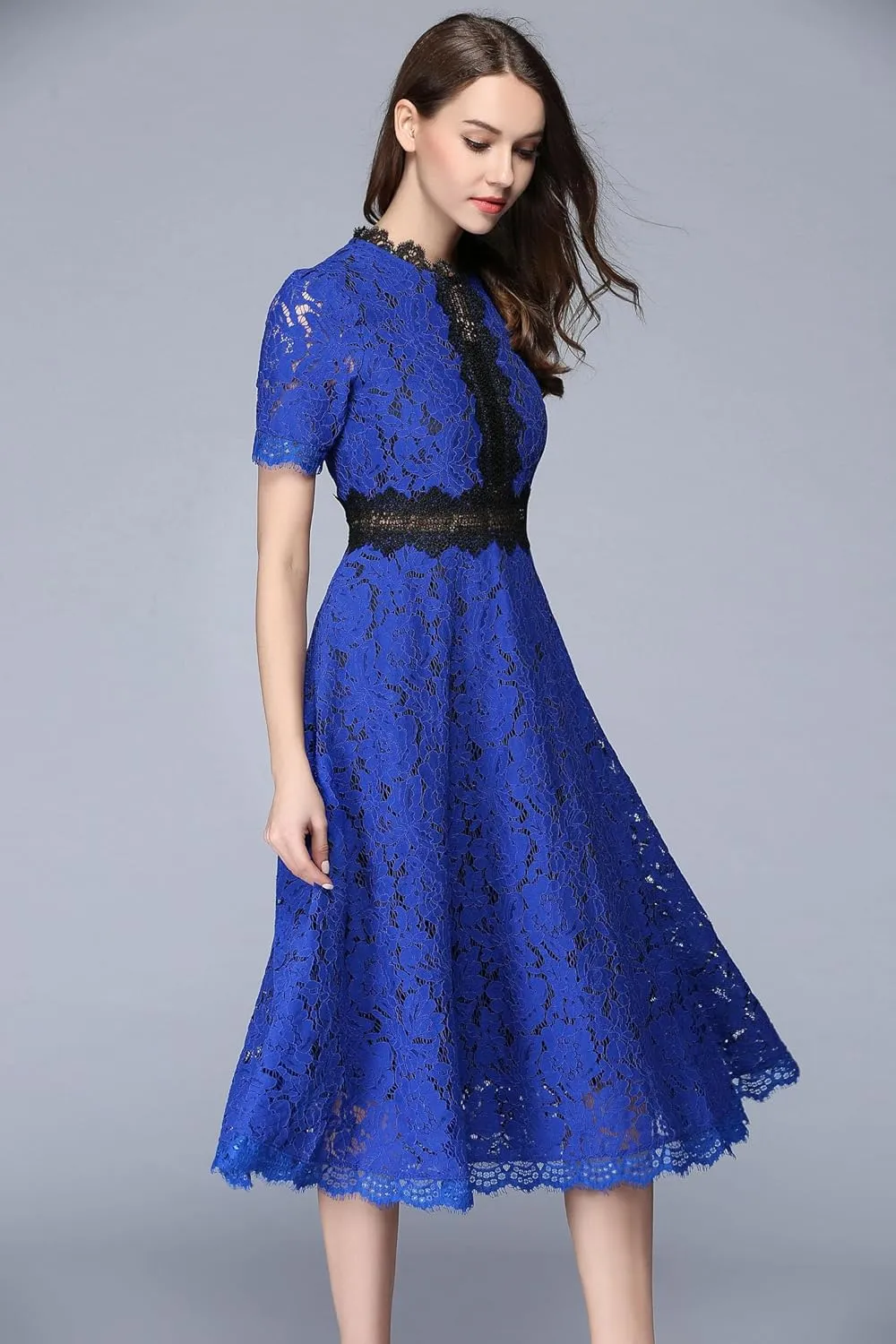 LAI MENG FIVE CATS Women's Short Sleeve Elegant Floral Lace Cocktail Party Swing Midi Dance Dress