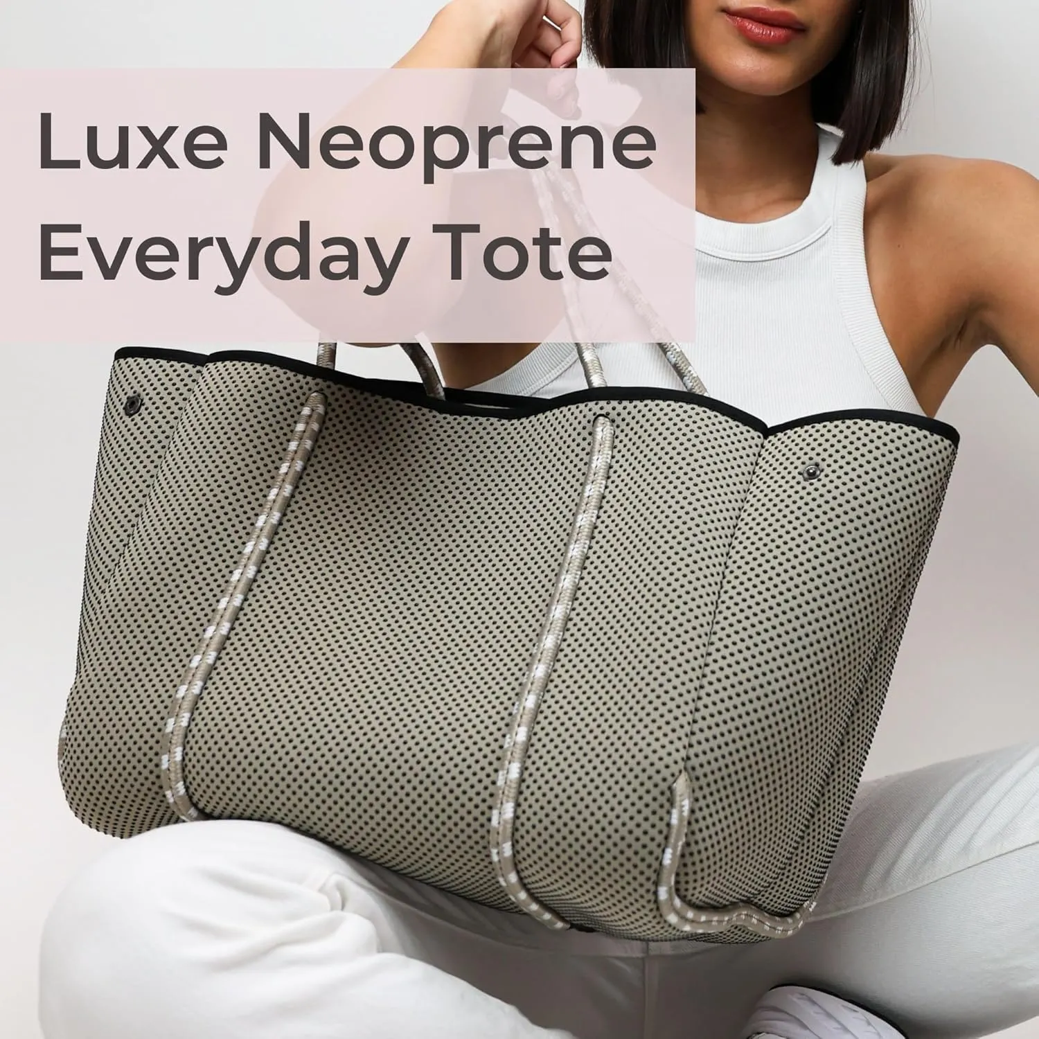 Large Neoprene Tote Bag for Women - PVC Dotted Everyday Designer Handbag - Travel Work Beach - Pockets, Zipper Pouch