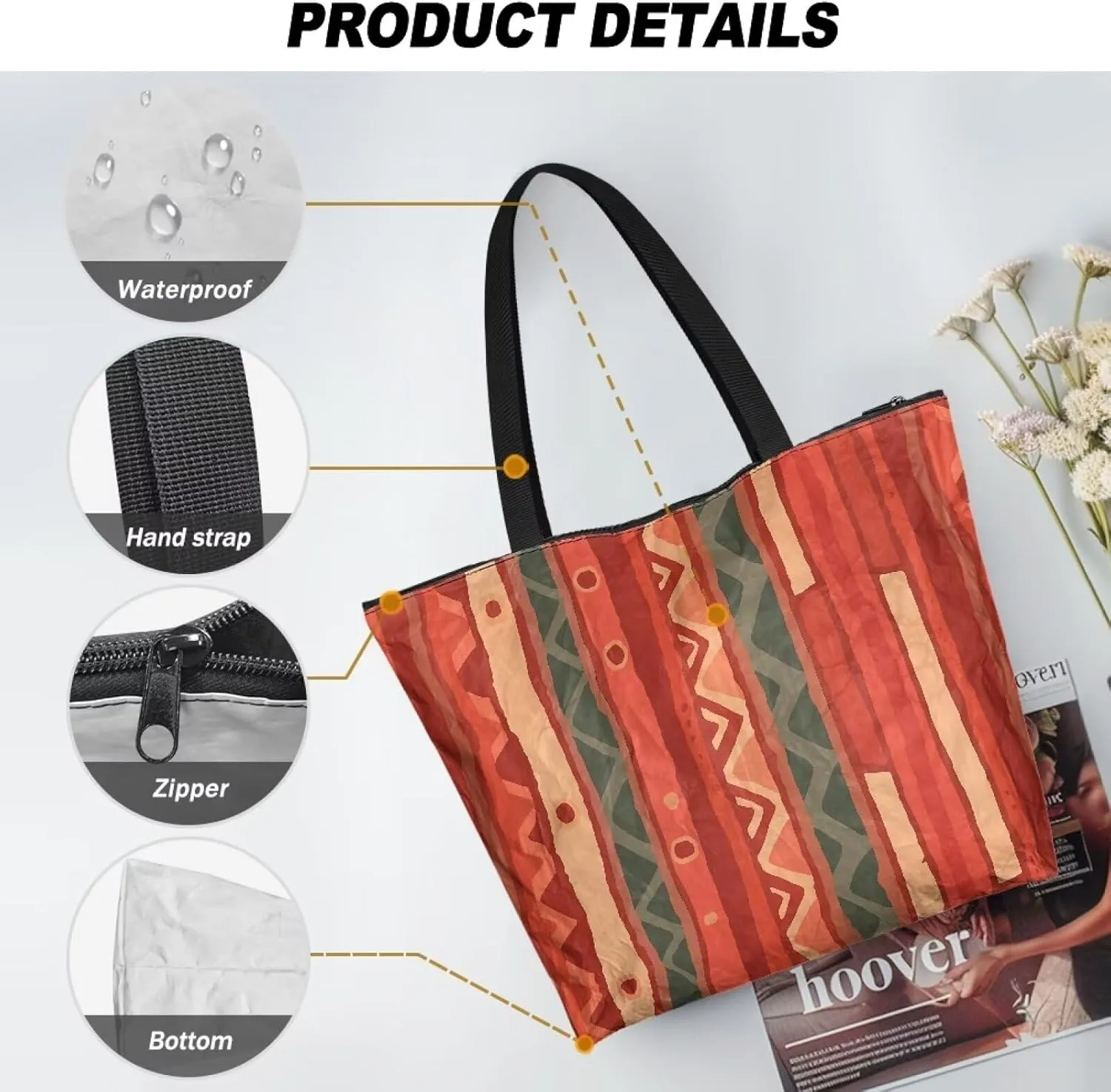Large Tote Bag for Women African Style Zipper Work Tote Handbag, Ethnic Style Shoulder Bag for Travel,School