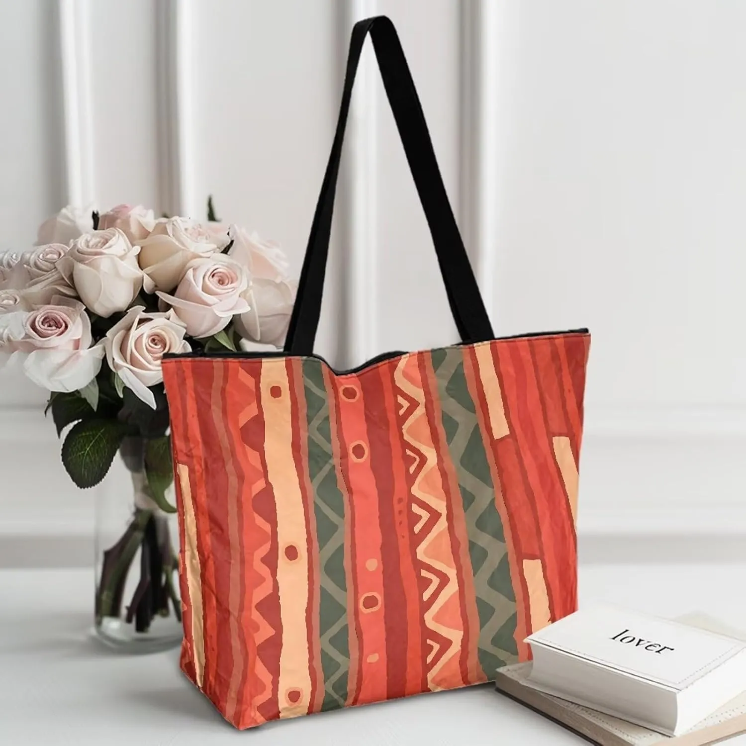 Large Tote Bag for Women African Style Zipper Work Tote Handbag, Ethnic Style Shoulder Bag for Travel,School