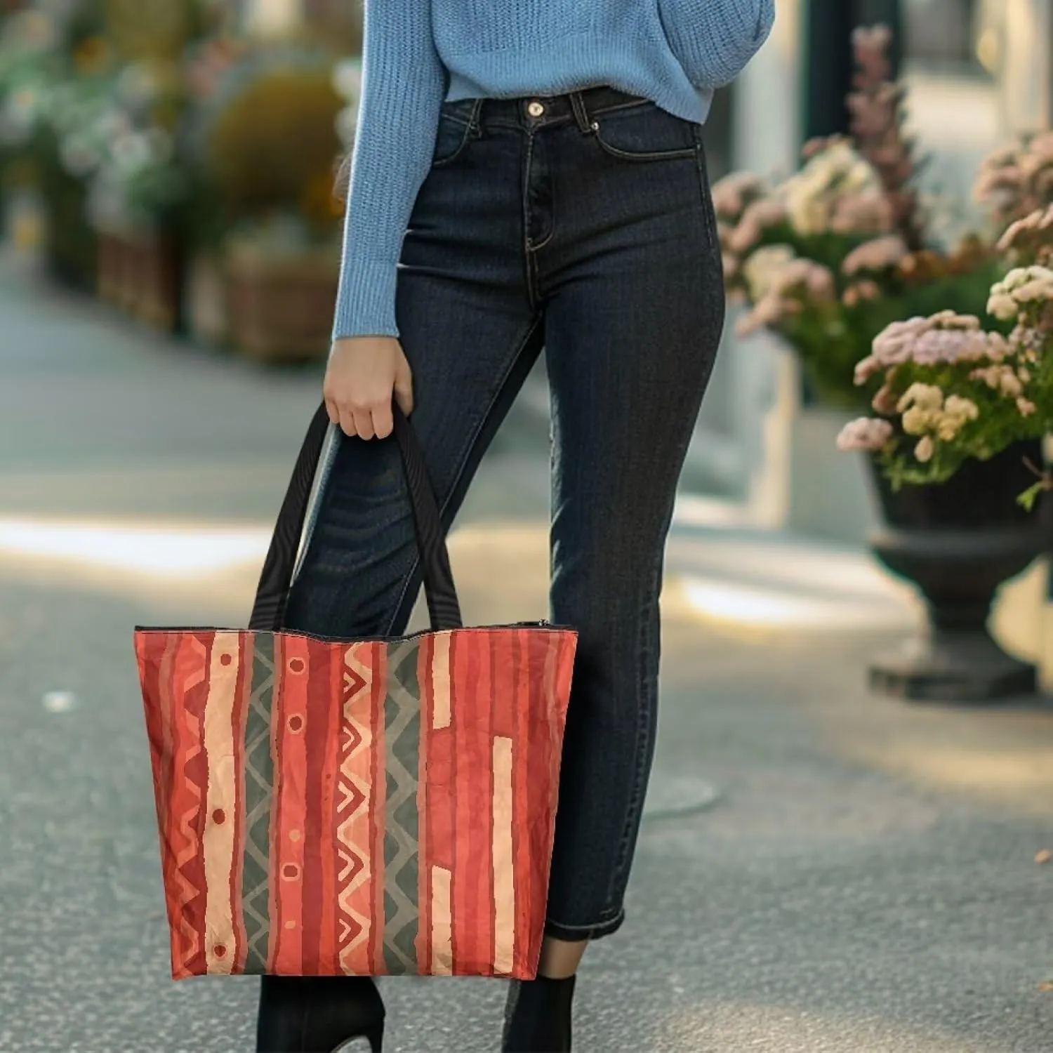 Large Tote Bag for Women African Style Zipper Work Tote Handbag, Ethnic Style Shoulder Bag for Travel,School