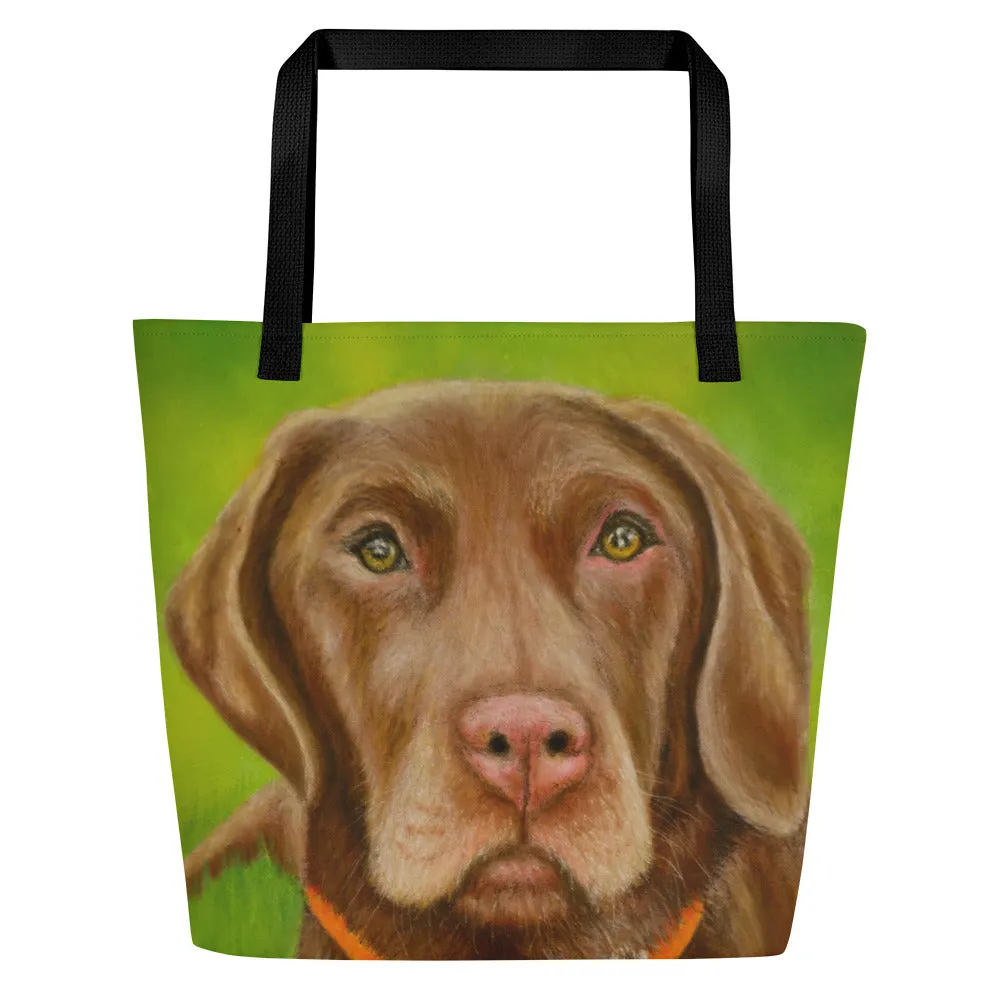 Large Tote Bag With Pocket - Chocolate Lab Dog Portrait, Artwork By Cathy Dement