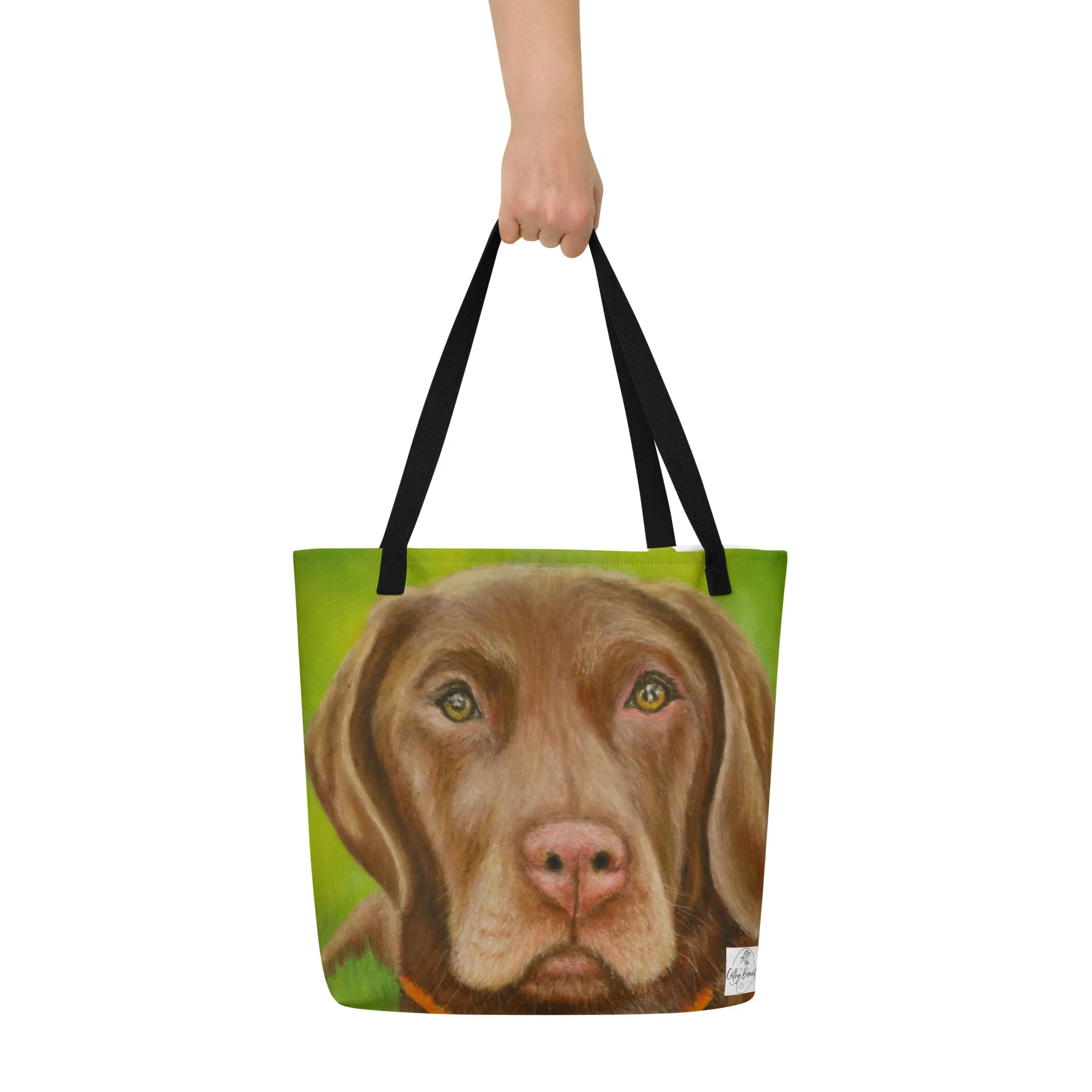 Large Tote Bag With Pocket - Chocolate Lab Dog Portrait, Artwork By Cathy Dement