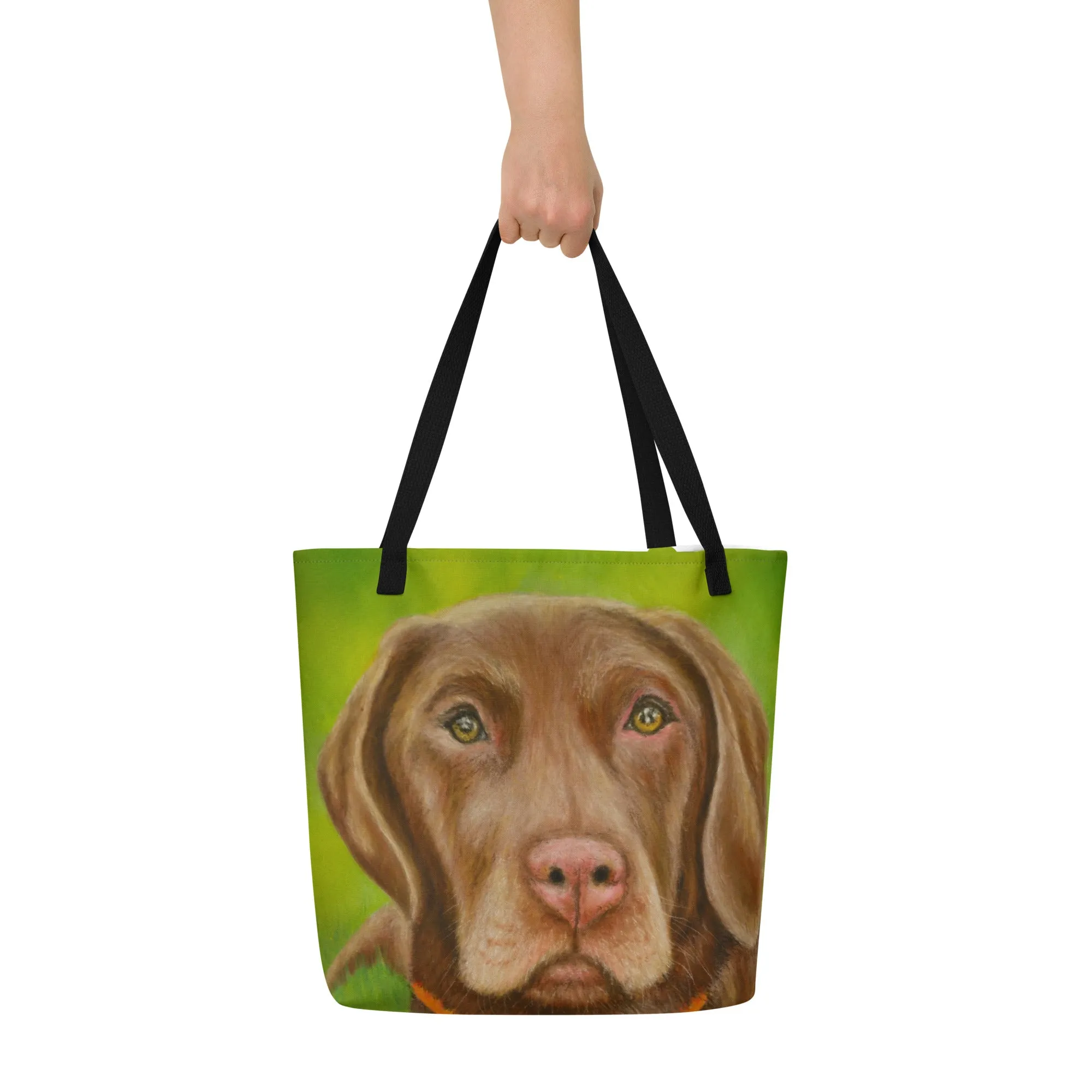 Large Tote Bag With Pocket - Chocolate Lab Dog Portrait, Artwork By Cathy Dement