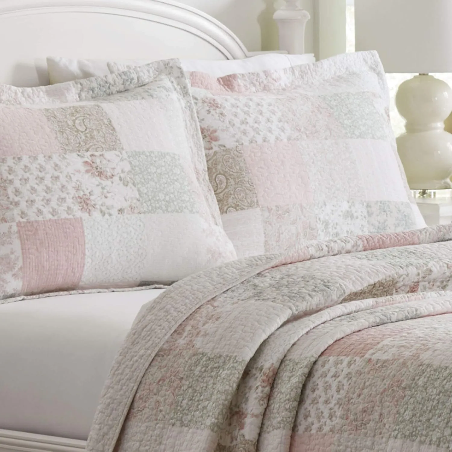 Laura Ashley Home - Quilt Set, Cotton Reversible Bedding with Matching Shams, Home Decor Ideal for All Seasons (Celina Patchwork Pink/Sage, Queen)