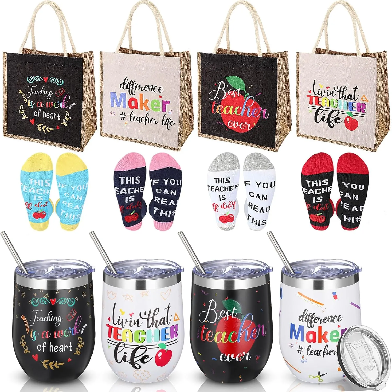 Layhit 12 Pcs Teacher Appreciation Gift Set Burlap Tote Bag with Handle 20 oz Stainless Steel Insulated Water Tumbler with Lid Straw Brush and Funny Teacher Sock If You Can Read This for Teacher's Day