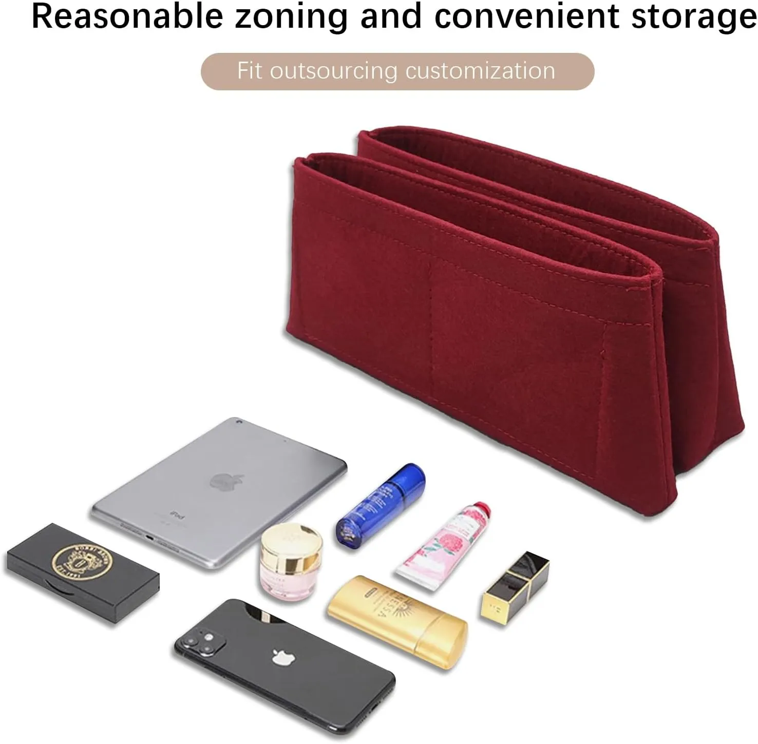 Lckaey bag Organizer Insert For chanel coco Handbag Felt Organizer coco handle insert Y080wine red-L