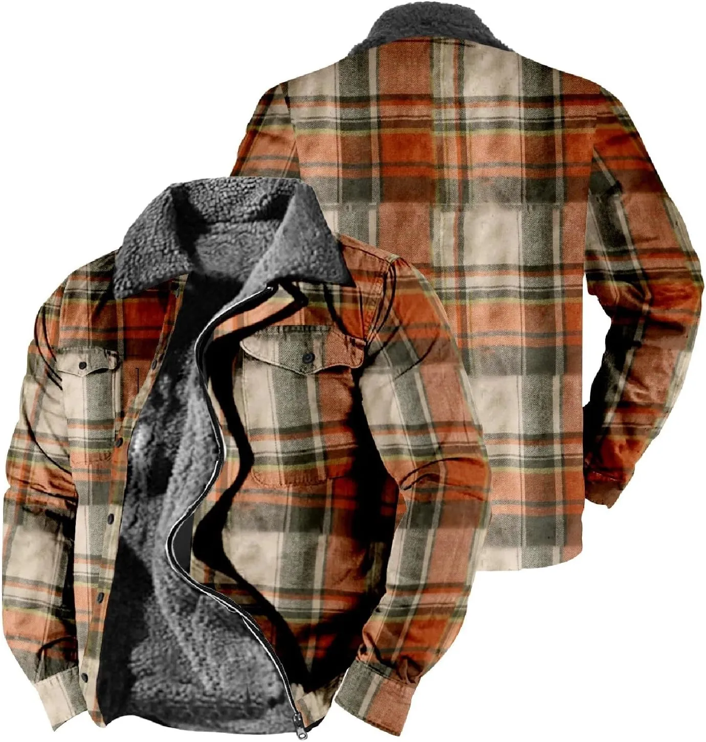 LCMTWX Men's Cotton Plaid Shirts Jacket Print Hooded Zipper Pocket Long Sleeve Shirt Patchwork Jacket Loose Thickened Heavy