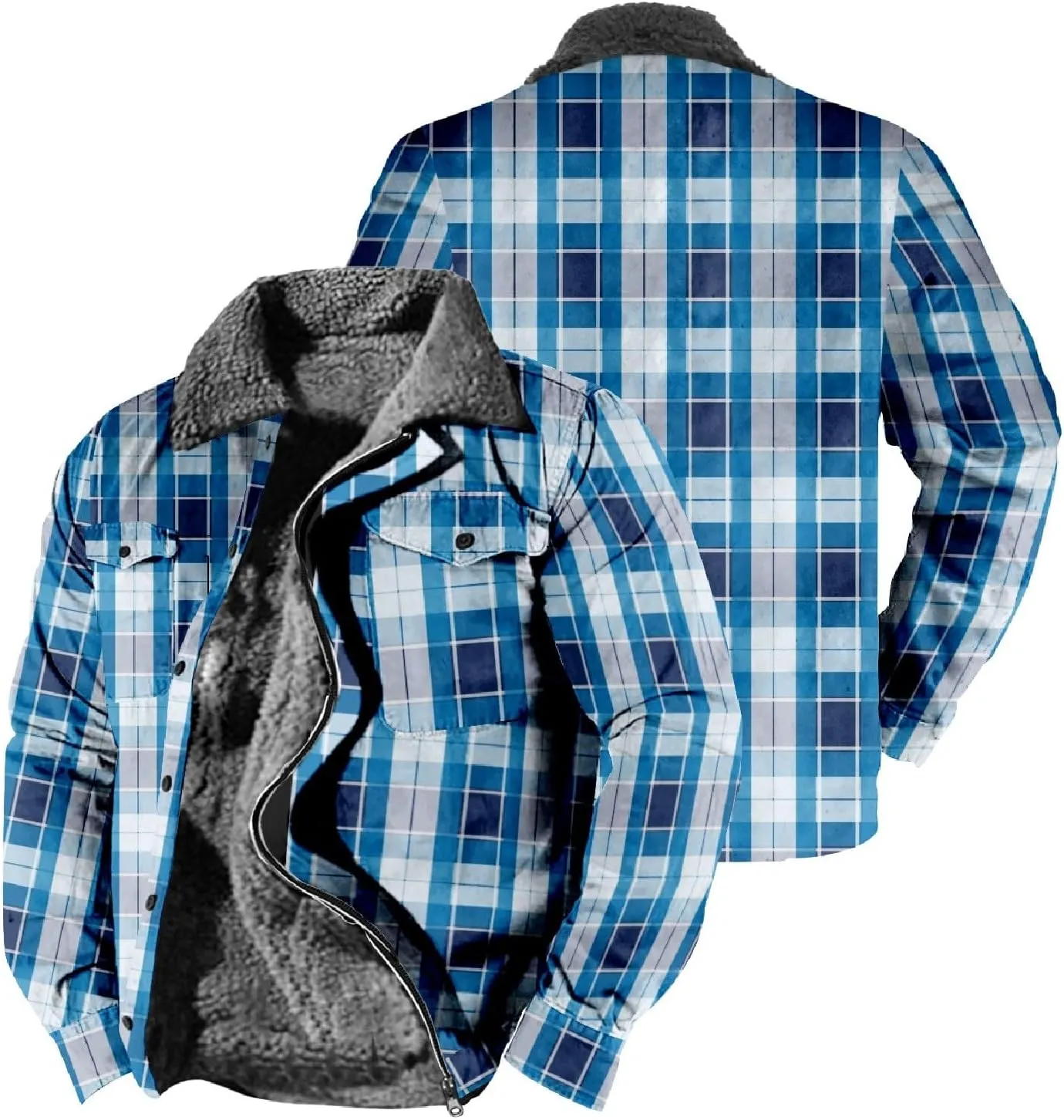 LCMTWX Men's Cotton Plaid Shirts Jacket Print Hooded Zipper Pocket Long Sleeve Shirt Patchwork Jacket Loose Thickened Heavy