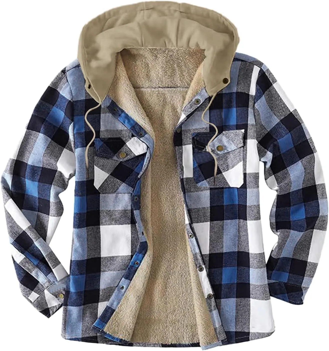 LCMTWX Men's Cotton Plaid Shirts Jacket Print Hooded Zipper Pocket Long Sleeve Shirt Patchwork Soft Warm Coat for Men with
