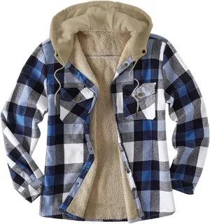 LCMTWX Men's Cotton Plaid Shirts Jacket Print Hooded Zipper Pocket Long Sleeve Shirt Patchwork Soft Warm Coat for Men with