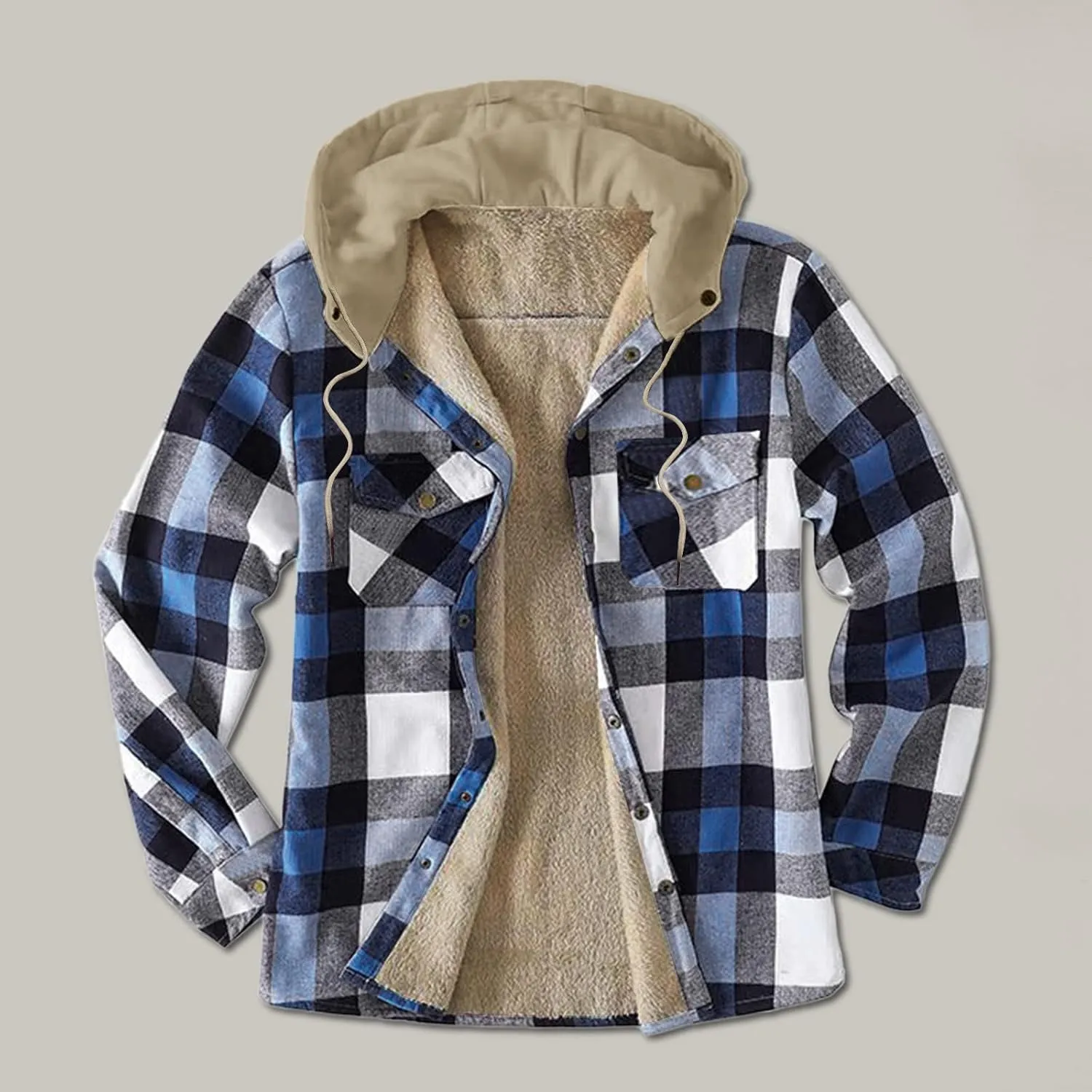 LCMTWX Men's Cotton Plaid Shirts Jacket Print Hooded Zipper Pocket Long Sleeve Shirt Patchwork Soft Warm Coat for Men with