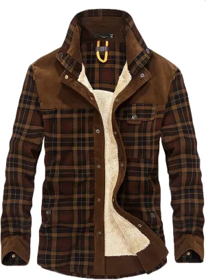 LCMTWX Men's Fleece Lined Flannel Shirt Jacket Button Down Pocket Long Sleeve Shirt Patchwork Jacket Casual Long Sleeve