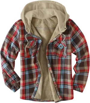 LCMTWX Men's Fleece Lined Flannel Shirt Jacket Hooded Zipper Pocket Long Sleeve Shirt Patchwork Jacket Loose Thickened