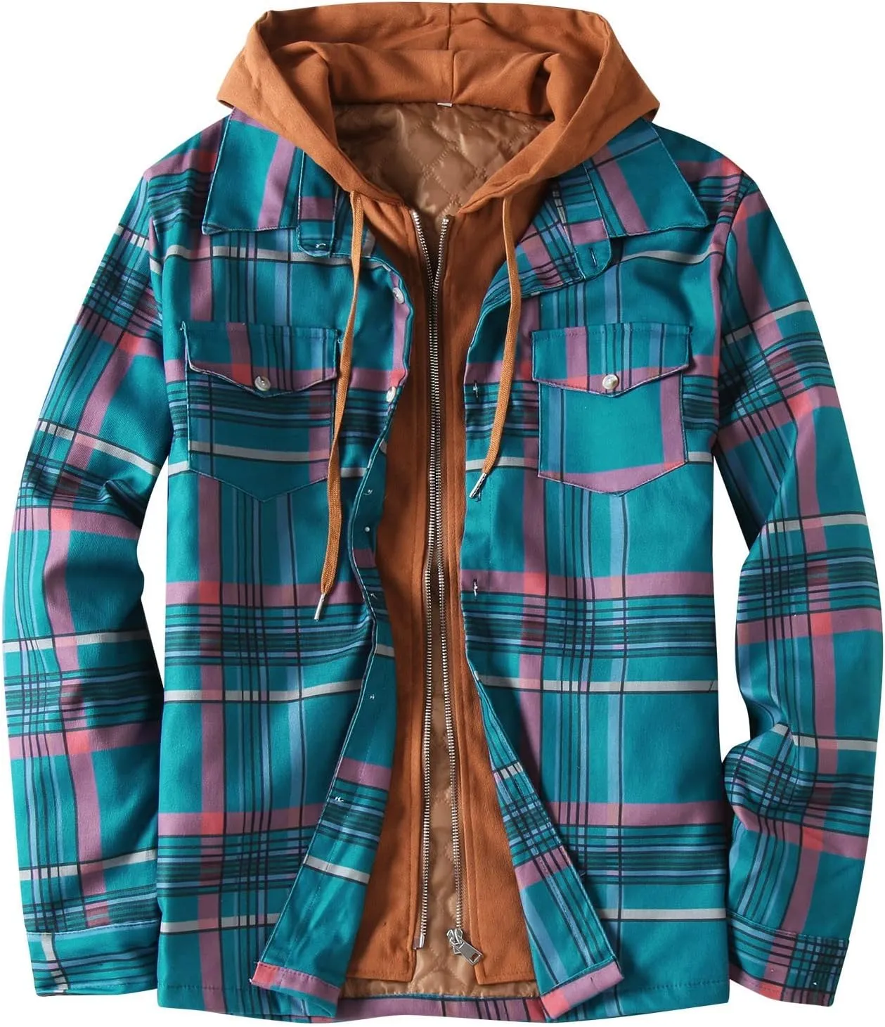 LCMTWX Men's Fleece Lined Flannel Shirt Jacket Hooded Zipper Pocket Long Sleeve Shirt Patchwork Jacket Loose Thickened