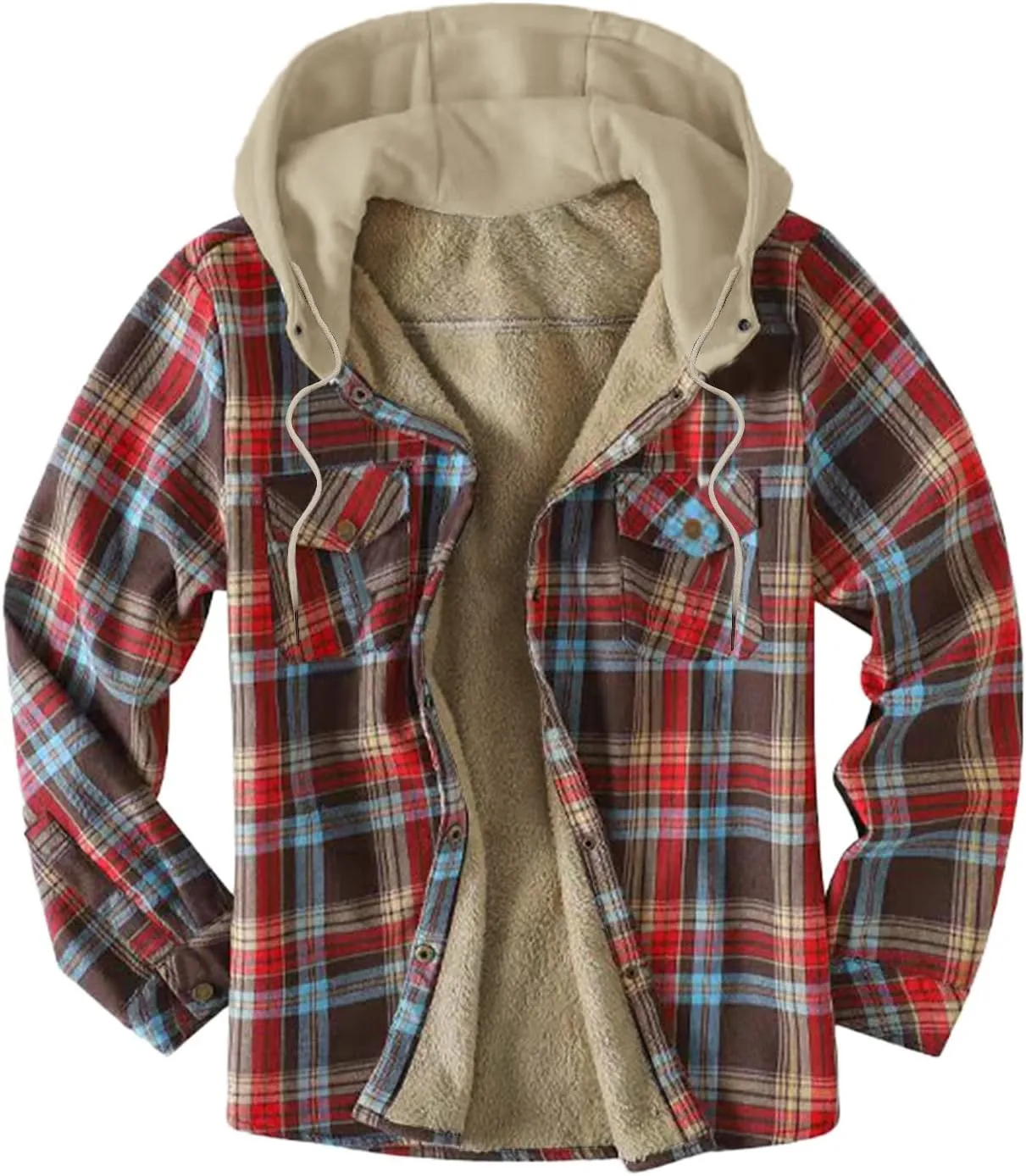LCMTWX Men's Fleece Lined Flannel Shirt Jacket Hooded Zipper Pocket Long Sleeve Shirt Patchwork Jacket Loose Thickened