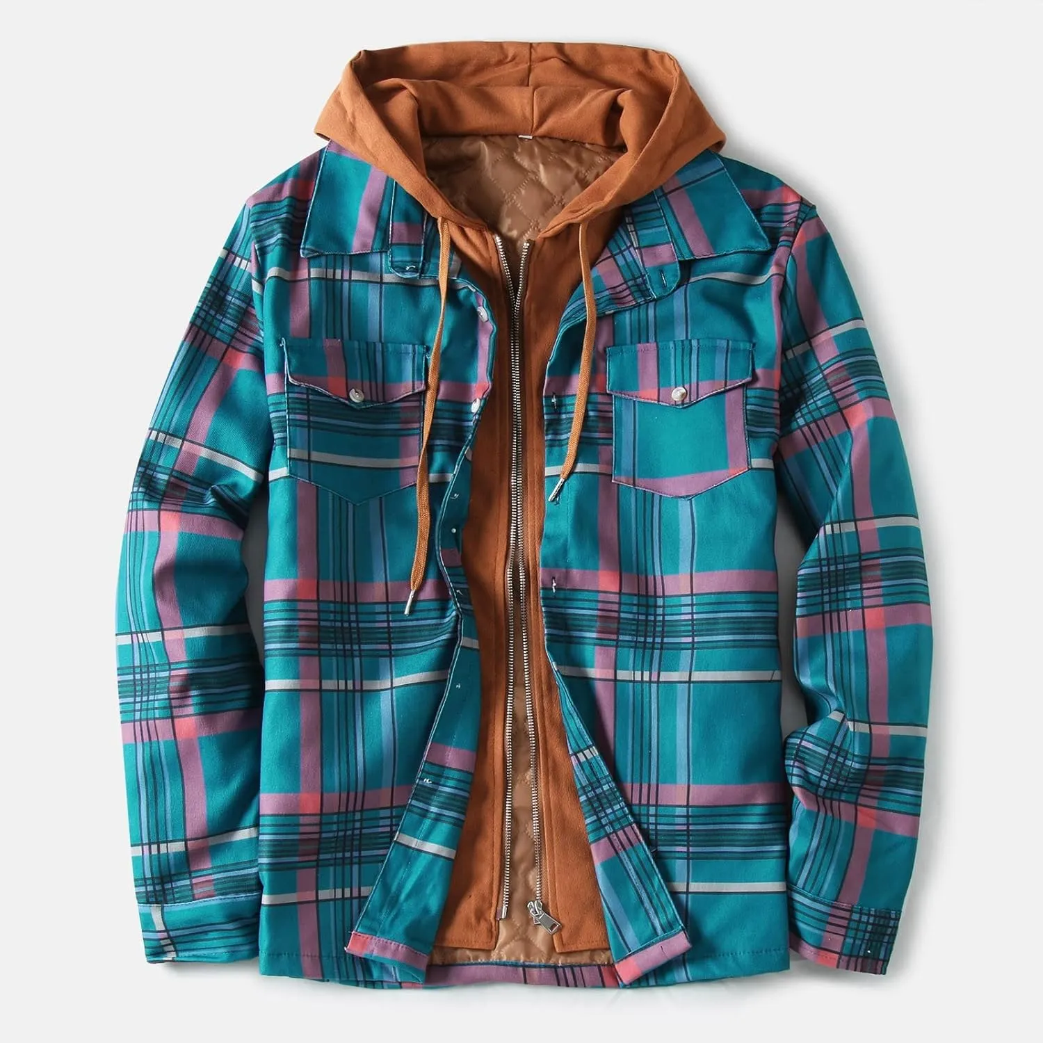 LCMTWX Men's Fleece Lined Flannel Shirt Jacket Hooded Zipper Pocket Long Sleeve Shirt Patchwork Jacket Loose Thickened