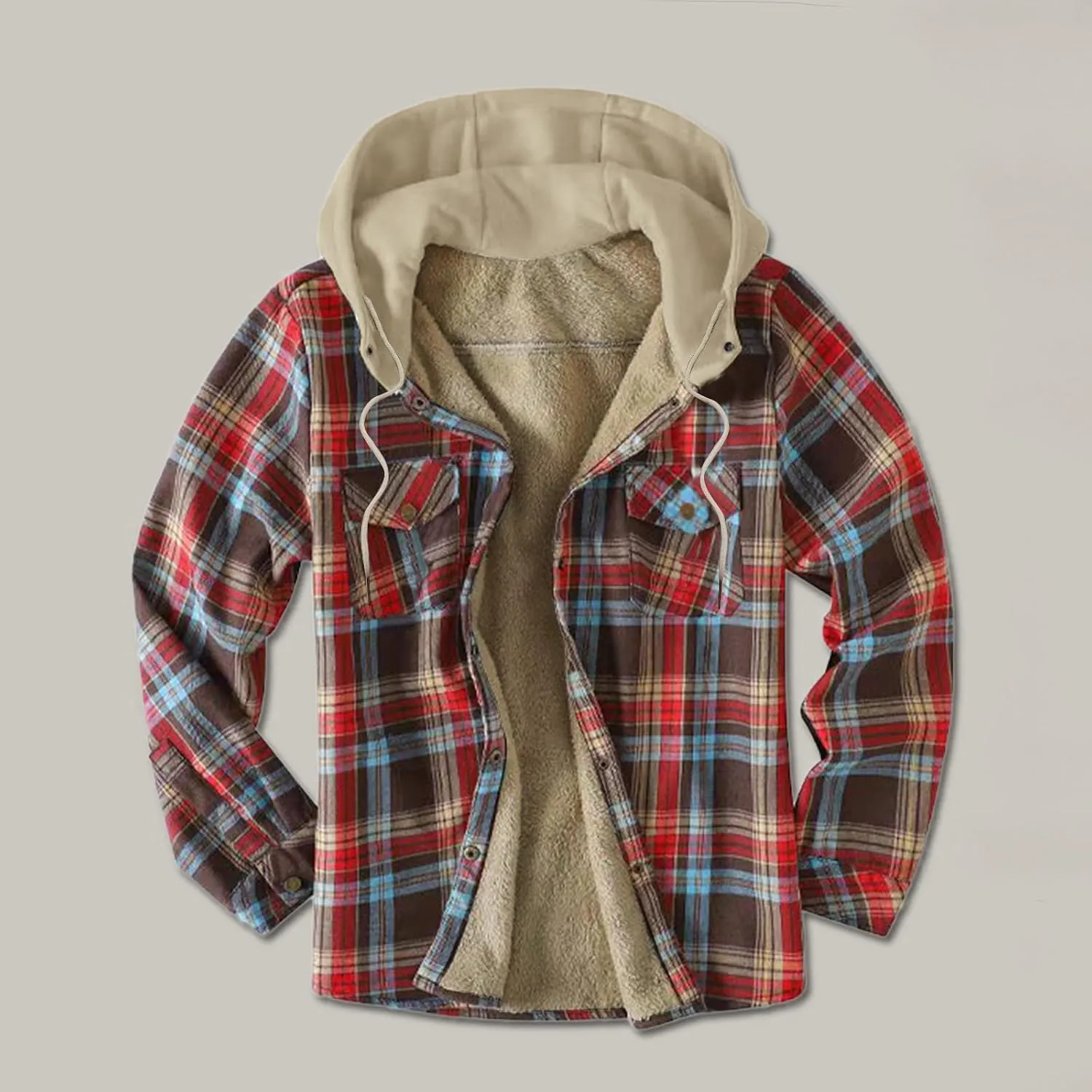LCMTWX Men's Fleece Lined Flannel Shirt Jacket Hooded Zipper Pocket Long Sleeve Shirt Patchwork Jacket Loose Thickened