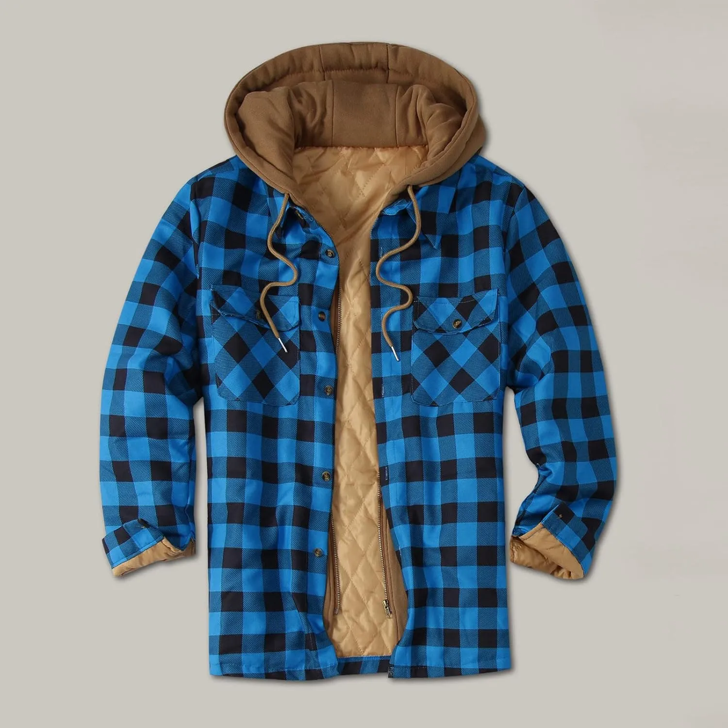 LCMTWX Mens Plaid Jacket Casual Plaid Print Hooded Zipper Pocket Long Sleeve Shirt Patchwork Jacket Loose Thickened ​Coat