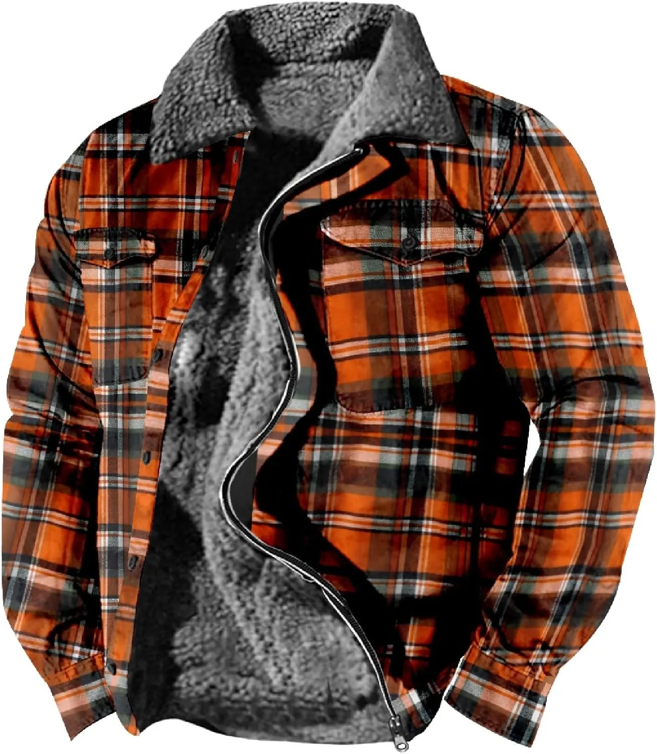 LCMTWX Winter Coat Men Plaid Casual Plaid Print Hooded Zipper Pocket Long Sleeve Shirt Patchwork Jacket Loose Thickened