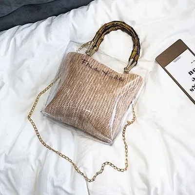 LEFTSIDE Summer 2018 Small Handbag Transparent Women Hand Bags Chain Straw bag Lady Travel Beach Shoulder Cross Body Bag Holiday